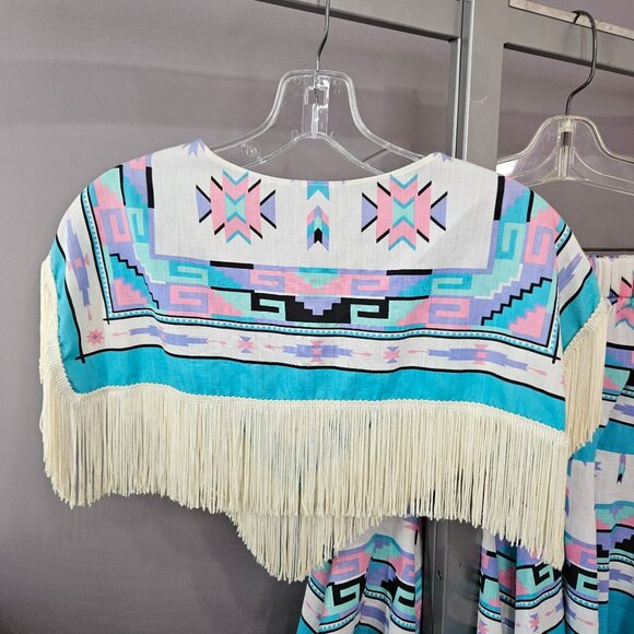 Vintage Cape Handkerchief Skirt Large Turquoise South Western Short Crop Fringe - Picture 10 of 11